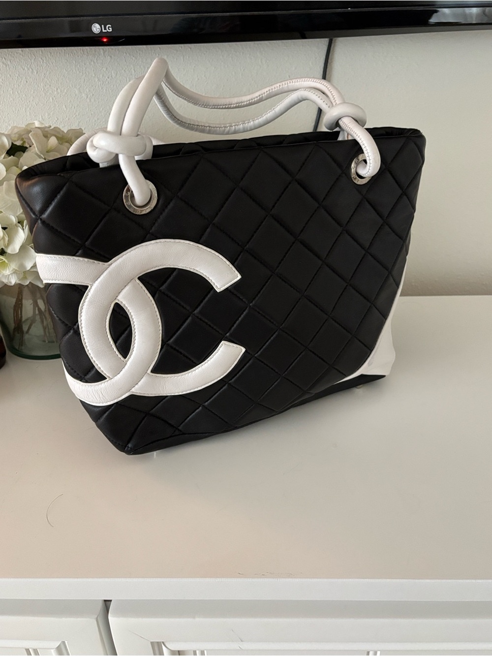 Black & White Quilted Tote with Contrast Logo